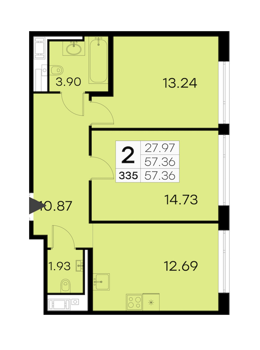 2-комнатная квартира 57.36 м², 16/19 эт., ЖК «GloraX Aura Vasileostrovsky»